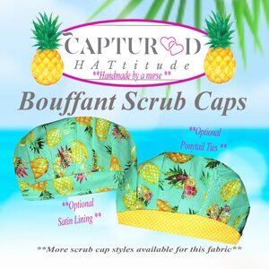 New Womens Pineapple Scrub Cap, Bouffant, One Size, Adjustable, Summer Cap